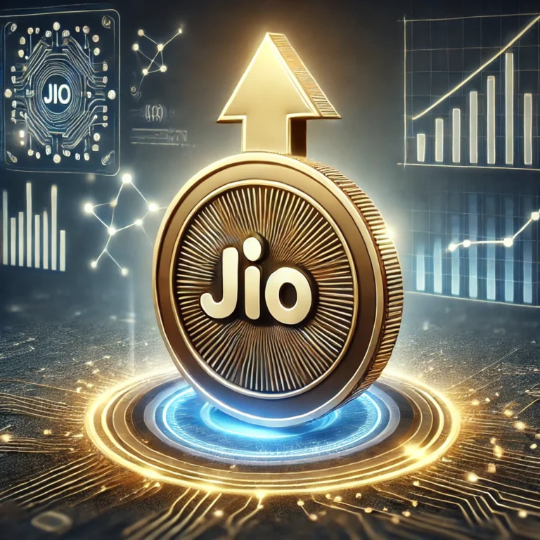 DALL·E 2025-03-06 18.07.36 - A futuristic digital illustration of Jio Coin with a bold, upward arrow symbolizing growth and investment potential. The Jio Coin is metallic gold wit